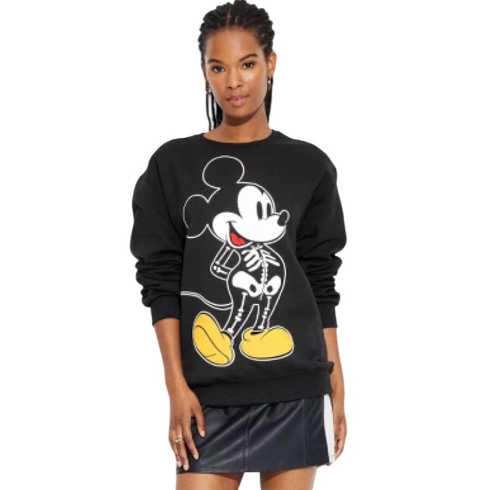 DISNEY‎ Black Crewneck Sweatshirt W/ Mickey Mouse Skeleton Graphic Size XS | EUC